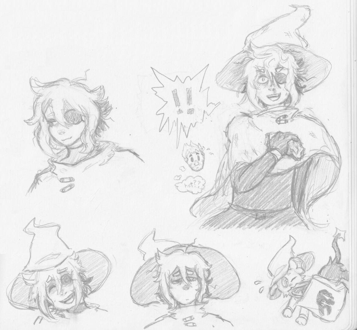 More sketches of wizard hat guy, making various expressions. ...and a Shinx!