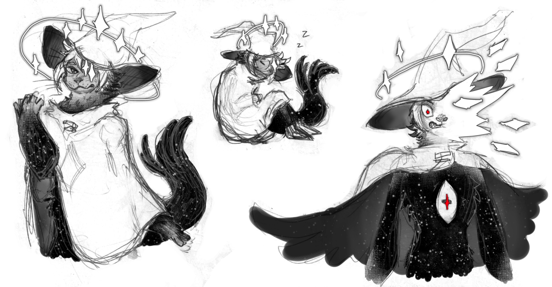 Several sketches of a starry seal anthro.